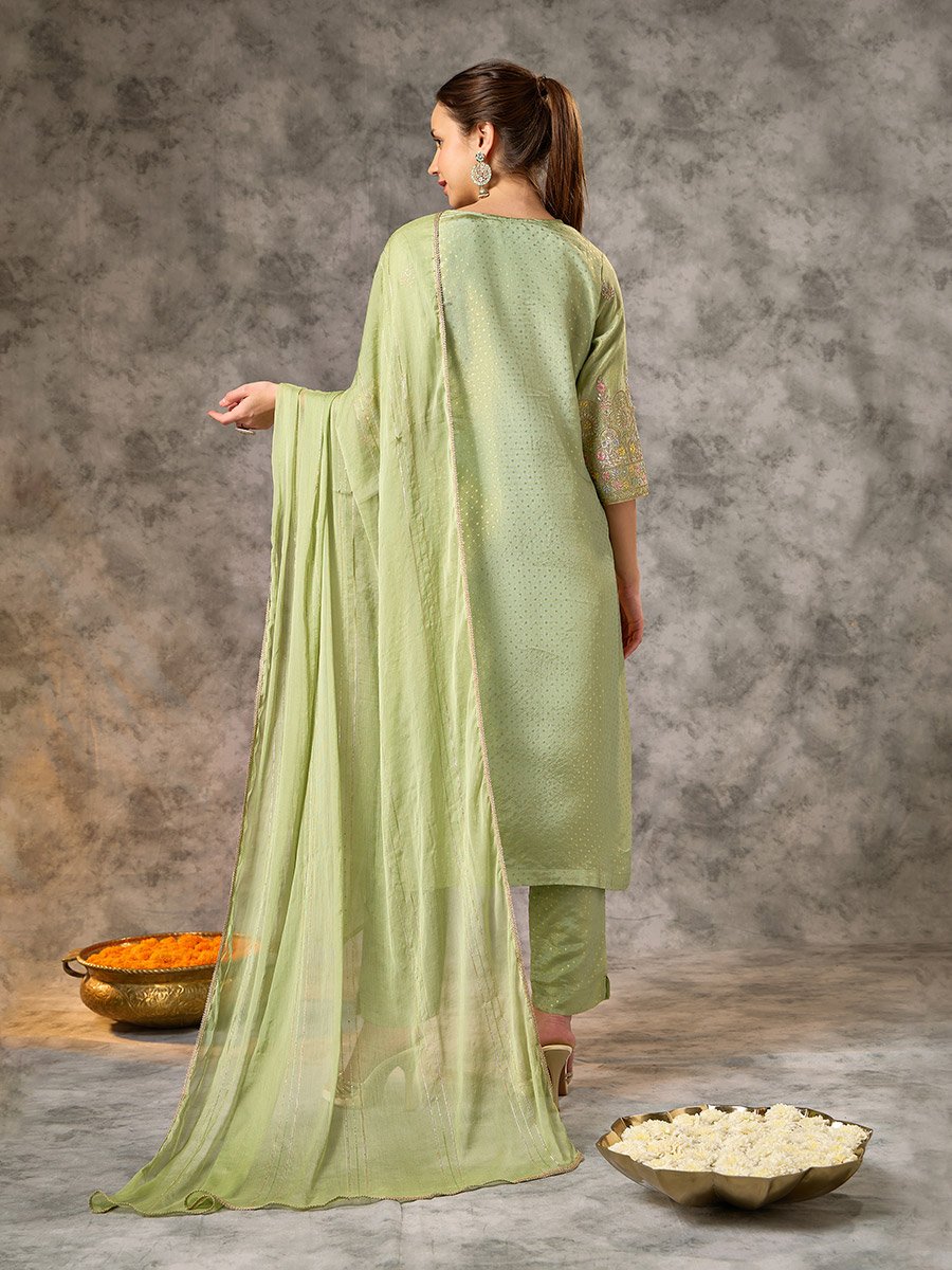 Green Embroidered A-Line Kurta, Pants and Dupatta Set