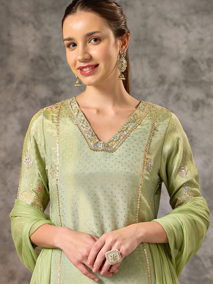 Green Embroidered A-Line Kurta, Pants and Dupatta Set