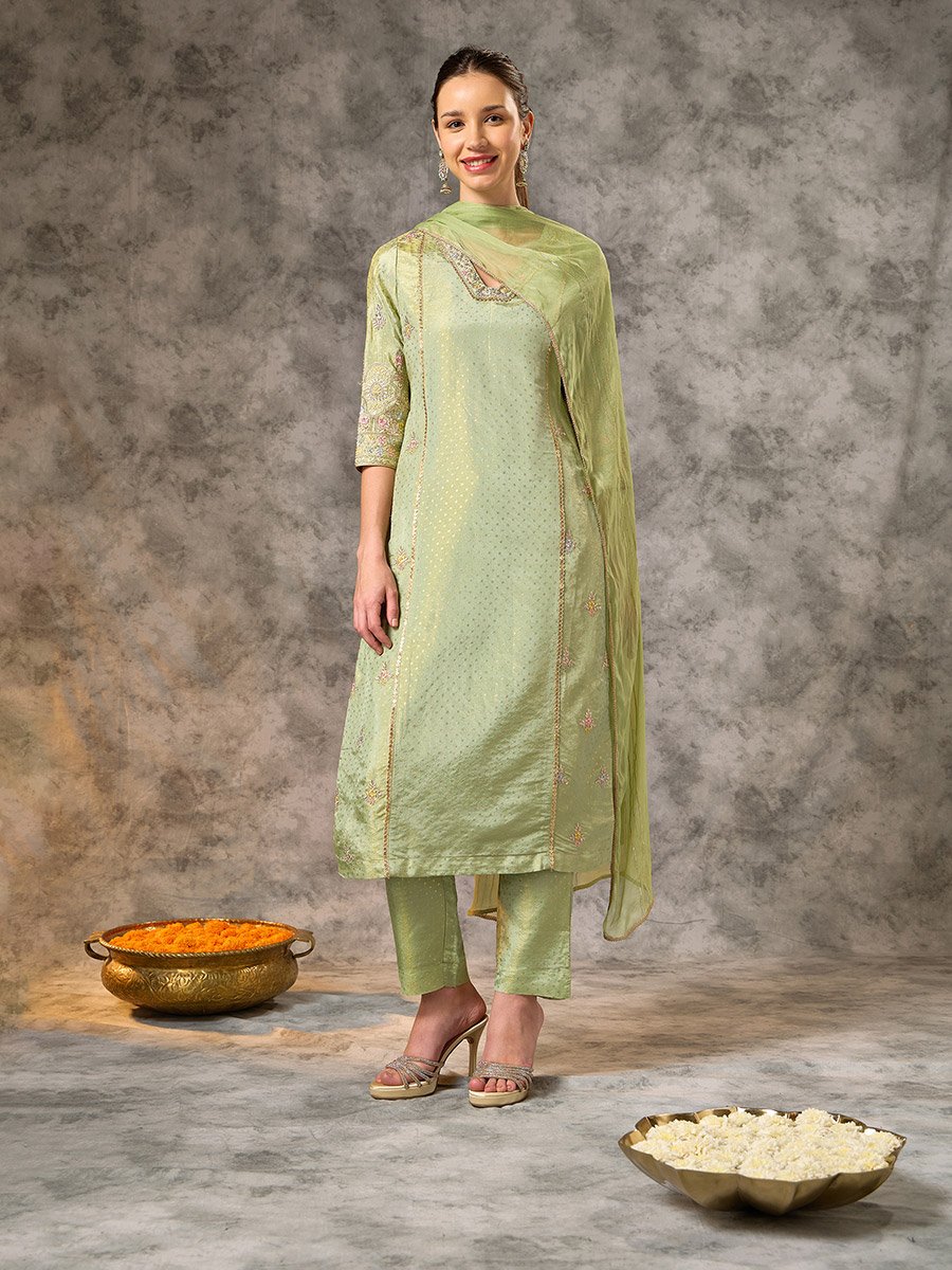 Green Embroidered A-Line Kurta, Pants and Dupatta Set