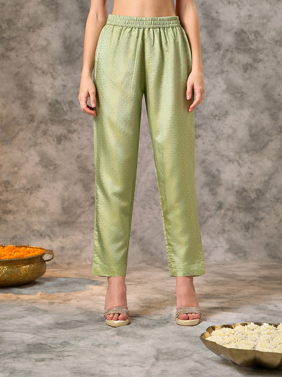 Green Embroidered A-Line Kurta, Pants and Dupatta Set