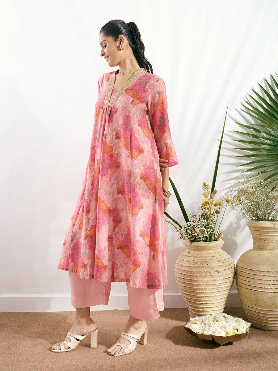 Pink V Neck Zari Embroidered Kurta Set