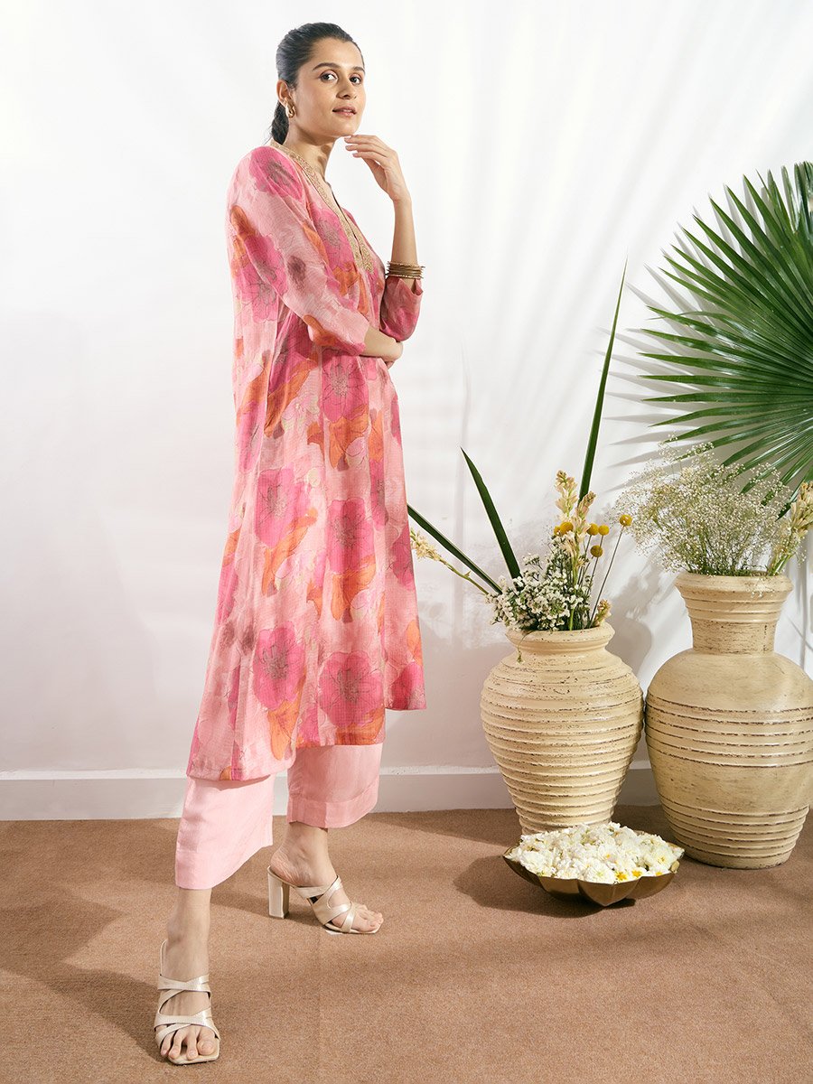 Pink V Neck Zari Embroidered Kurta Set
