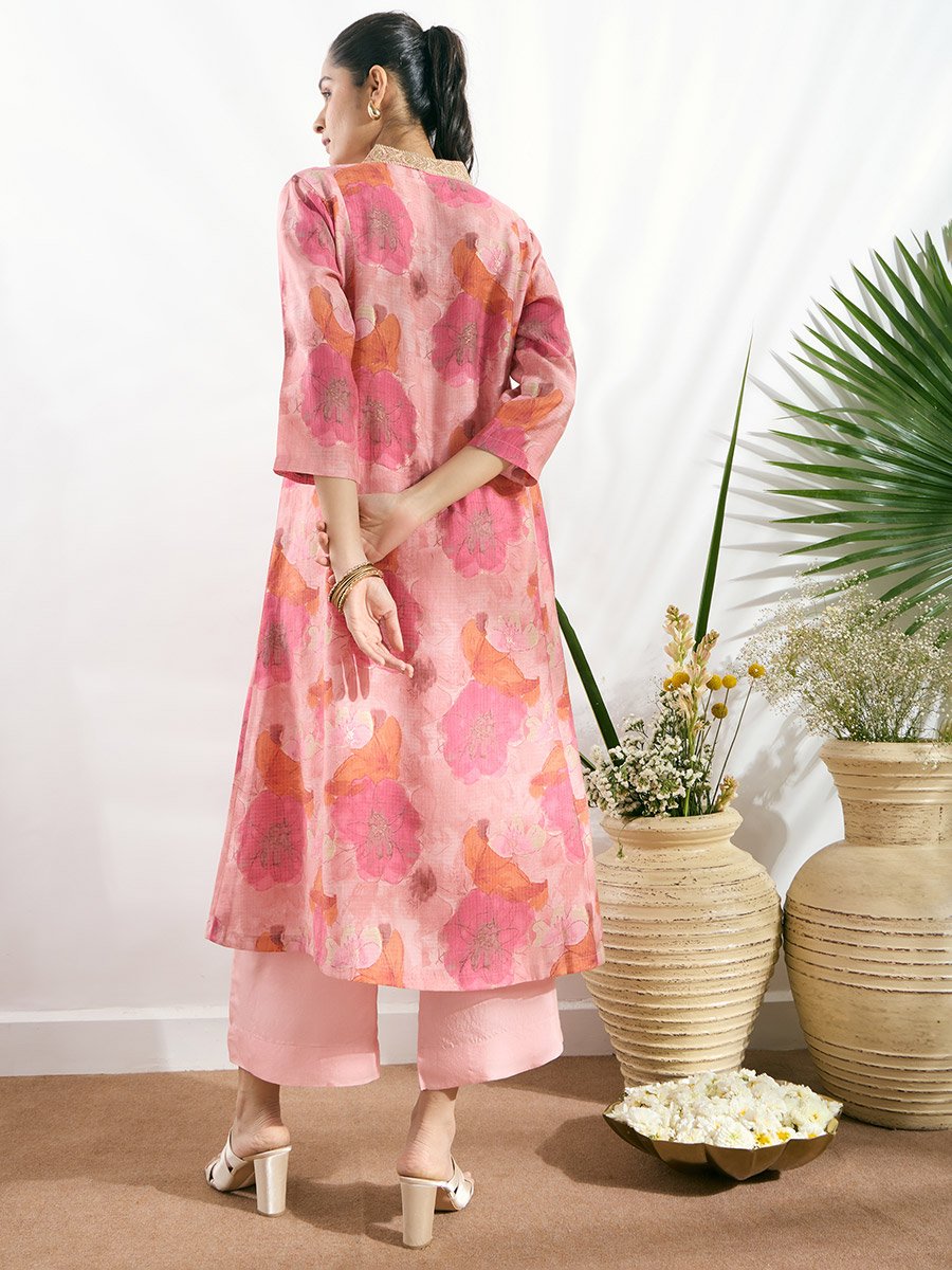 Pink V Neck Zari Embroidered Kurta Set
