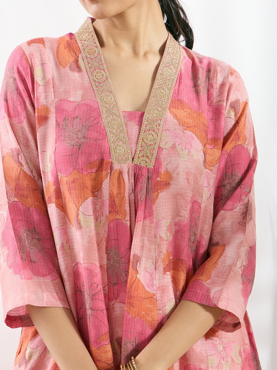 Pink V Neck Zari Embroidered Kurta Set