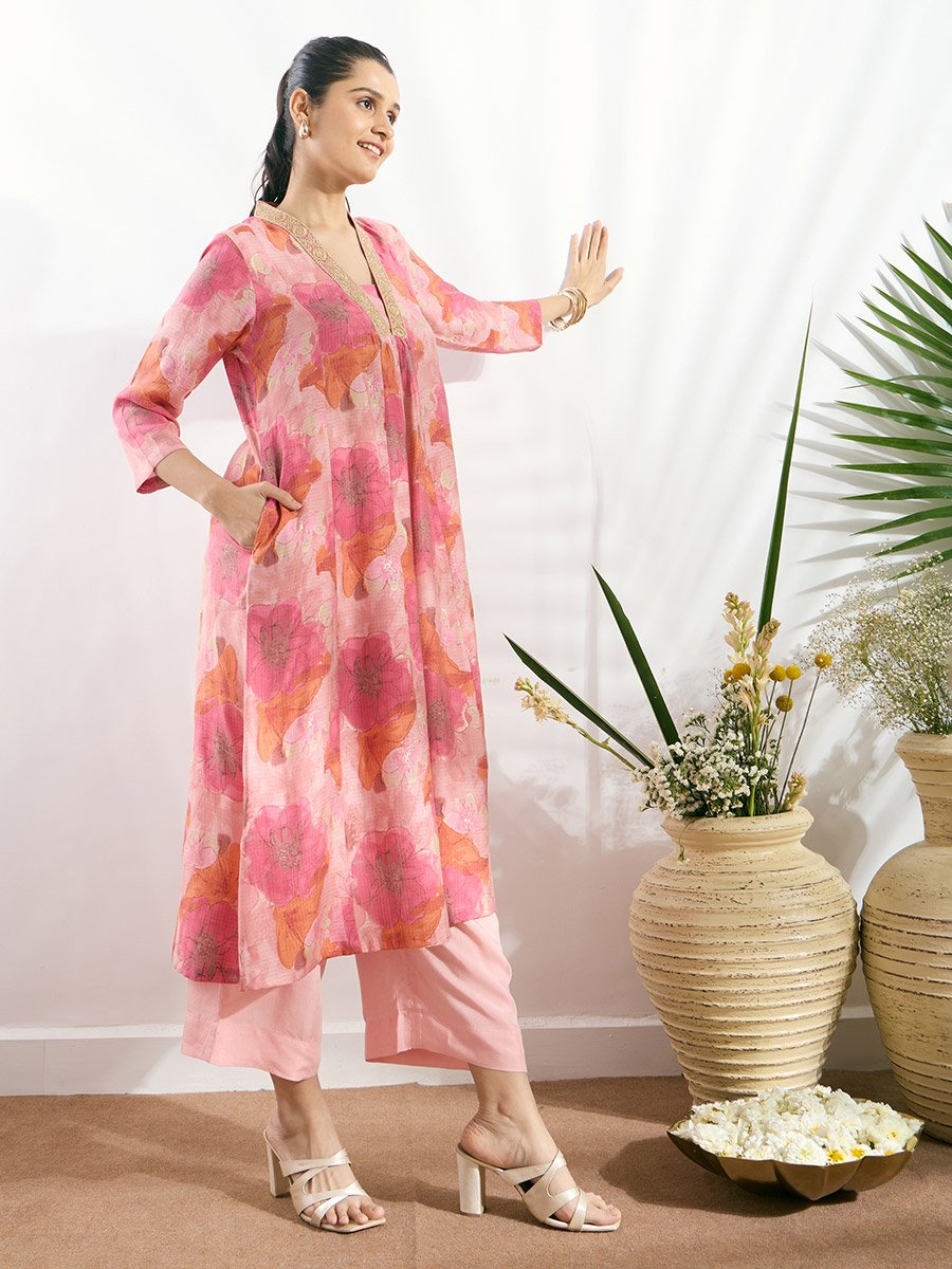 Pink V Neck Zari Embroidered Kurta Set