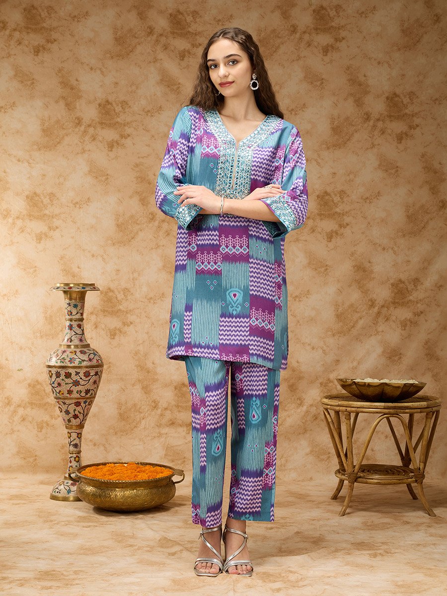 Ikkat Printed Co-ord Set with Mirror Embroidered Yoke