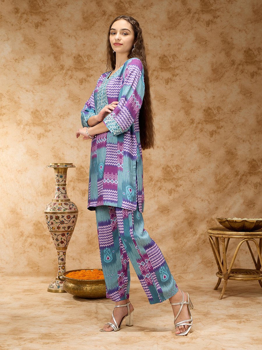 Ikkat Printed Co-ord Set with Mirror Embroidered Yoke