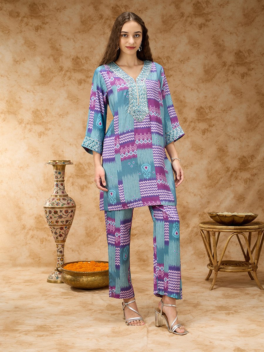 Ikkat Printed Co-ord Set with Mirror Embroidered Yoke