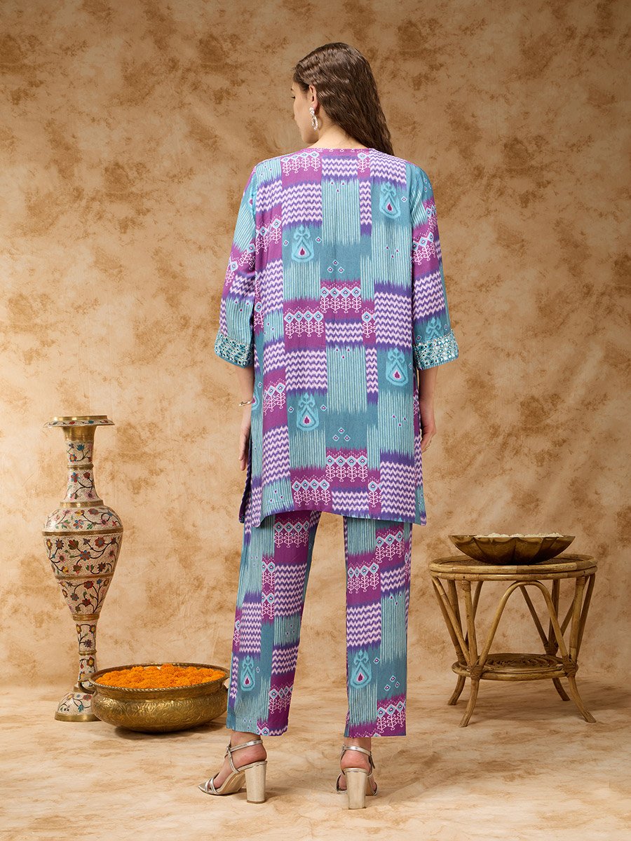Ikkat Printed Co-ord Set with Mirror Embroidered Yoke