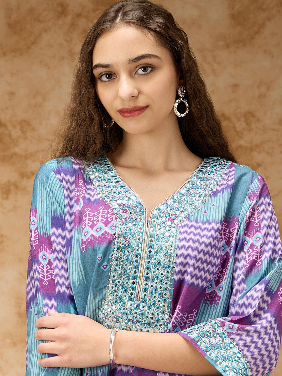 Ikkat Printed Co-ord Set with Mirror Embroidered Yoke