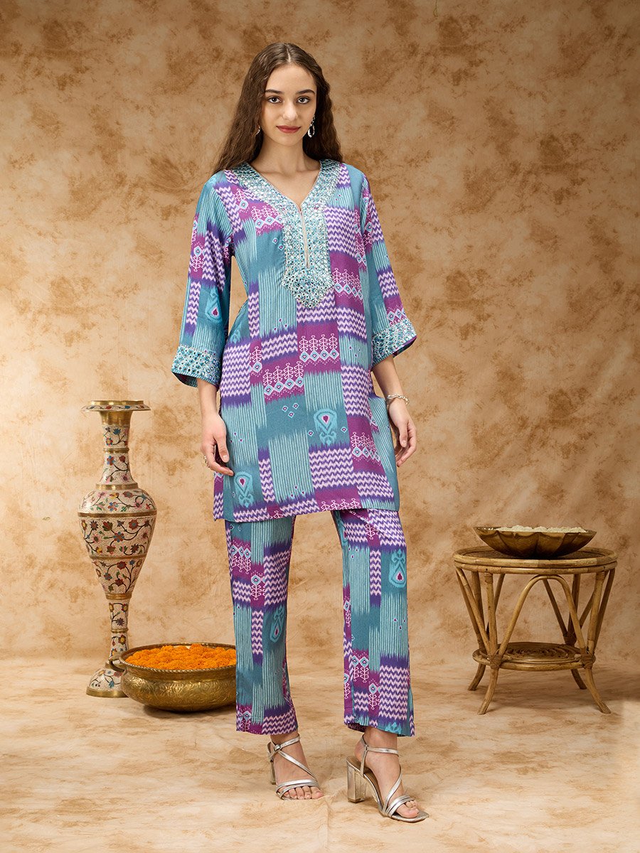 Ikkat Printed Co-ord Set with Mirror Embroidered Yoke
