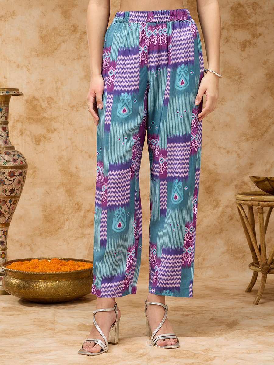 Ikkat Printed Co-ord Set with Mirror Embroidered Yoke