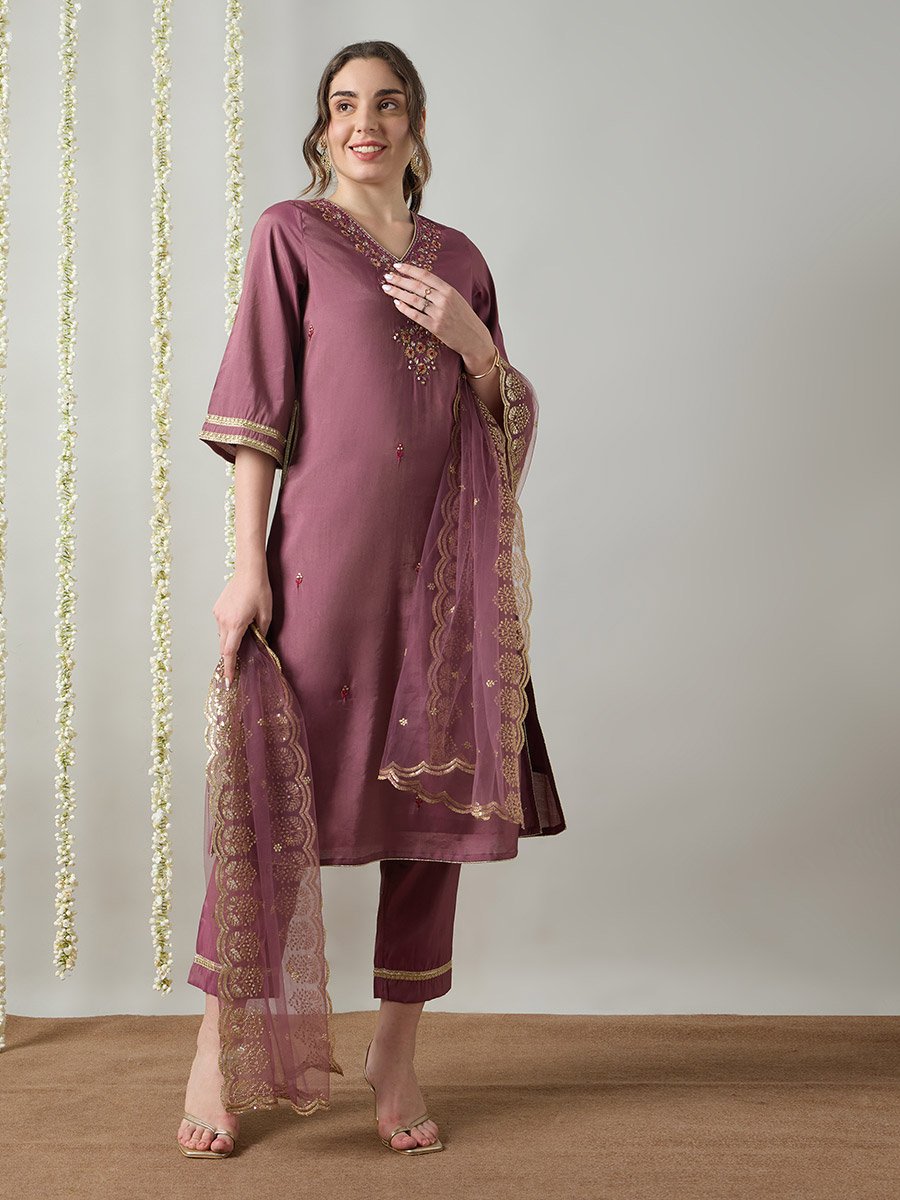 Lilac Yoke Embroidery A-Line Kurta, Pants and Dupatta Set