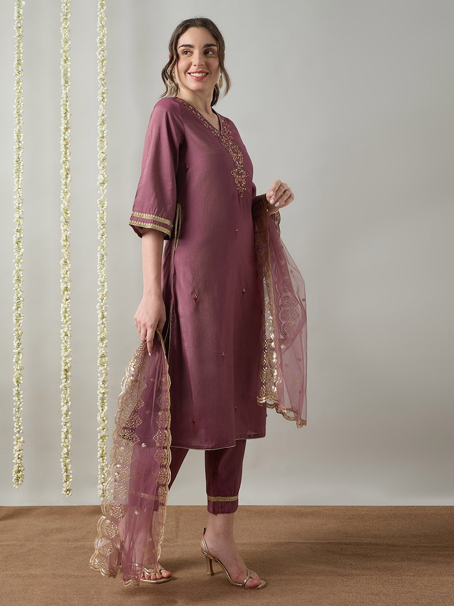 Lilac Yoke Embroidery A-Line Kurta, Pants and Dupatta Set