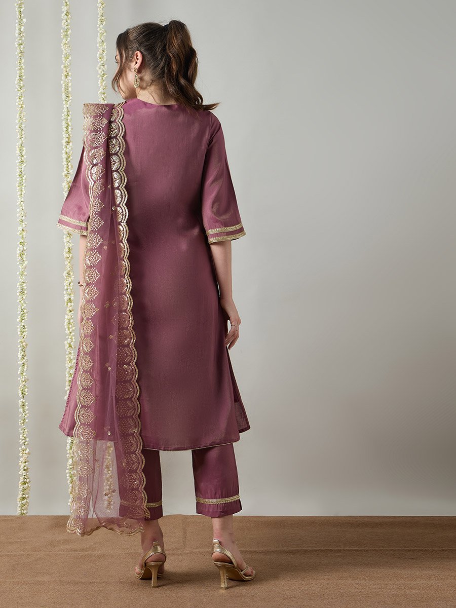 Lilac Yoke Embroidery A-Line Kurta, Pants and Dupatta Set