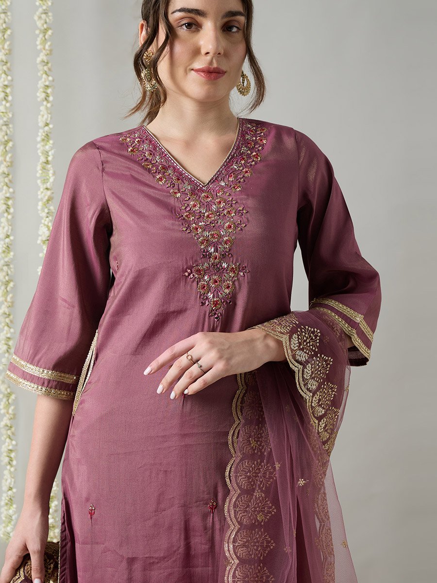 Lilac Yoke Embroidery A-Line Kurta, Pants and Dupatta Set