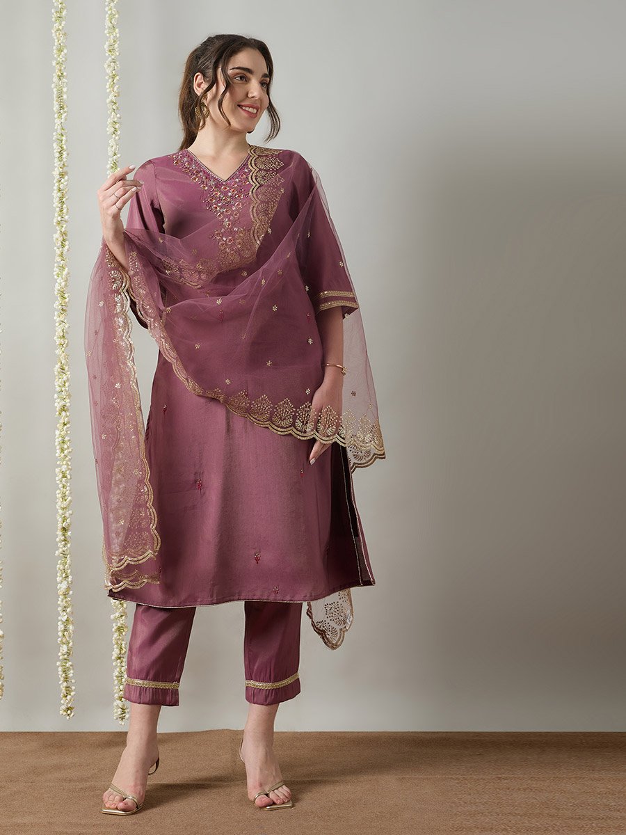 Lilac Yoke Embroidery A-Line Kurta, Pants and Dupatta Set