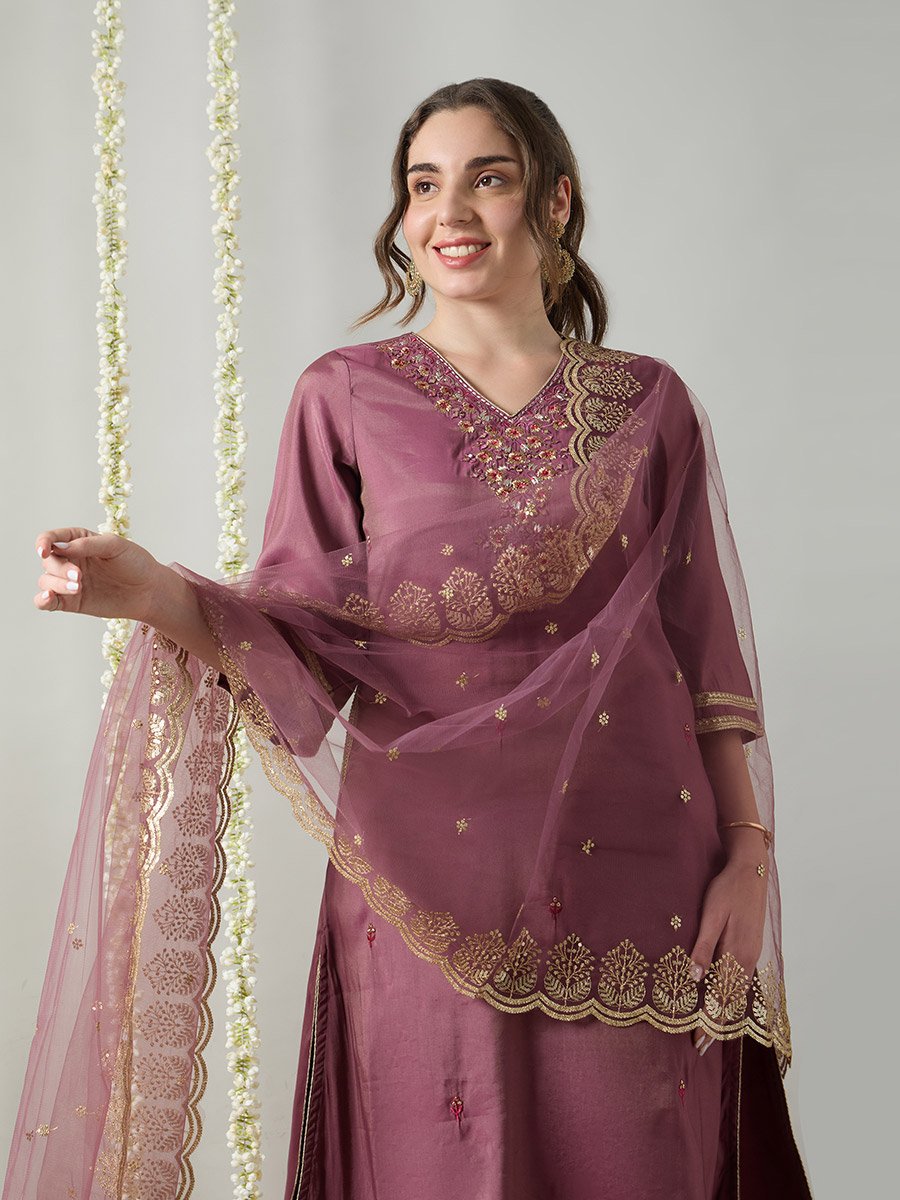 Lilac Yoke Embroidery A-Line Kurta, Pants and Dupatta Set