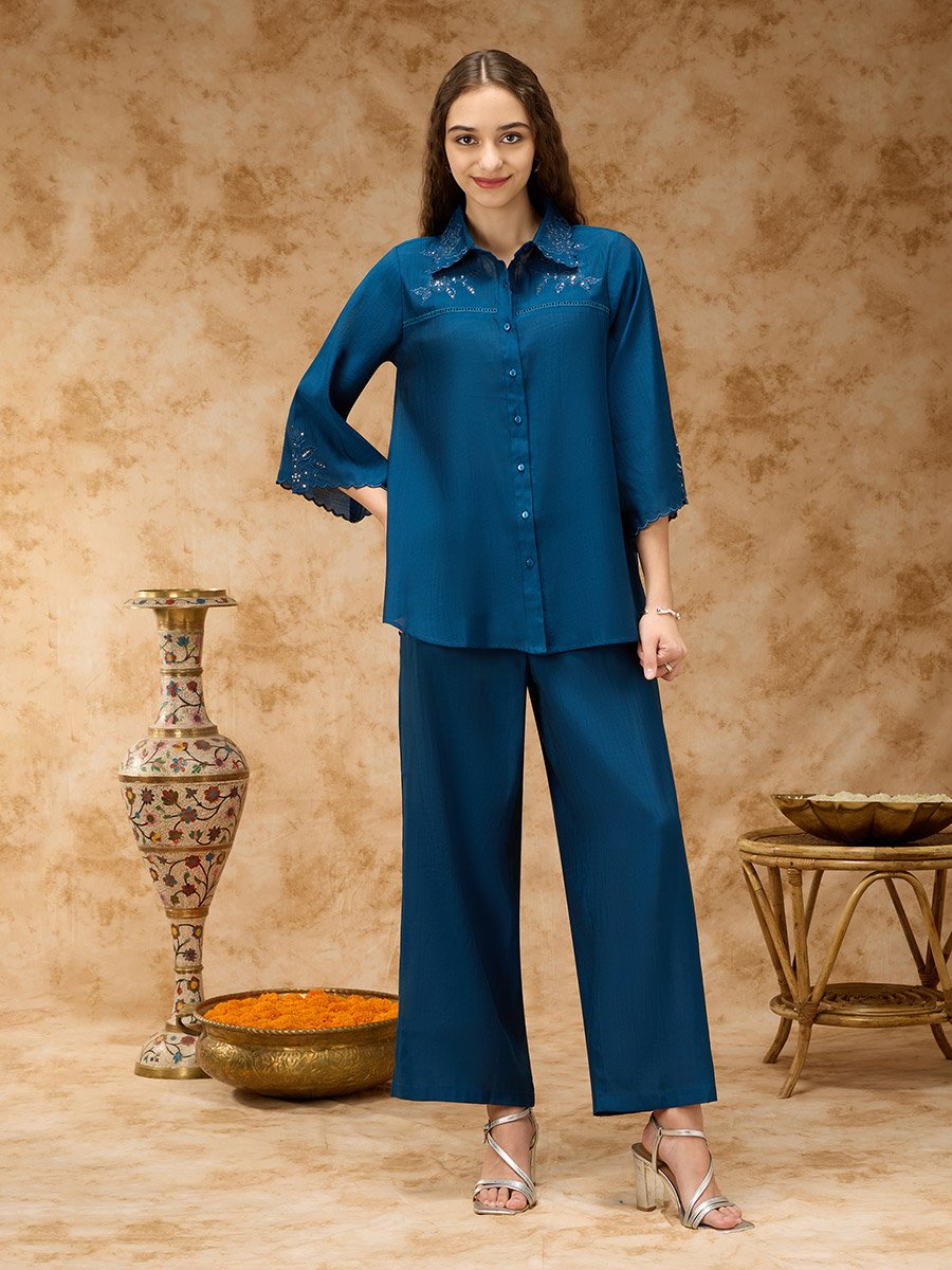 Blue Tonal Embroidery and Lace Inserts Shirt Collar Co-ord Set