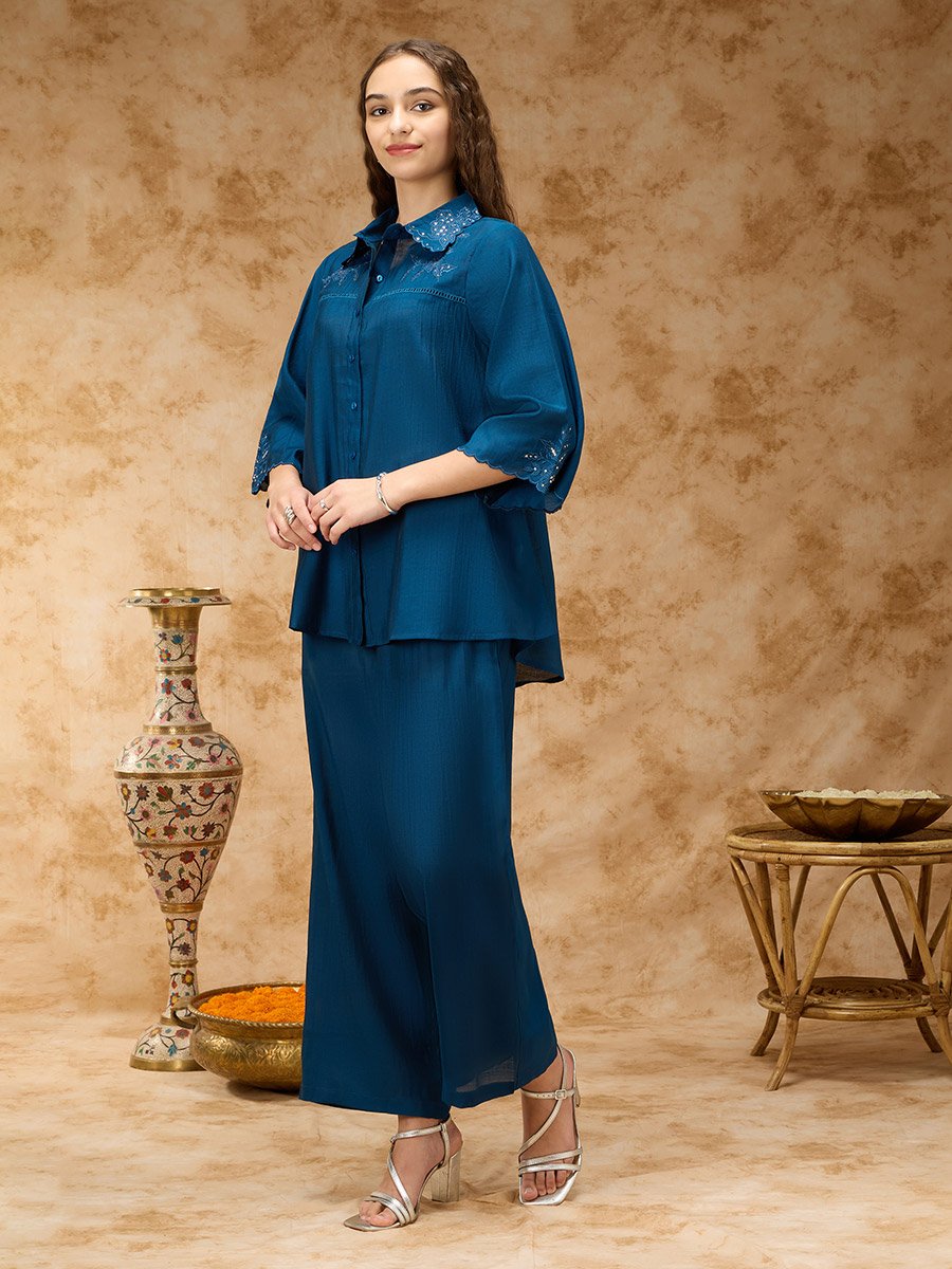Blue Tonal Embroidery and Lace Inserts Shirt Collar Co-ord Set