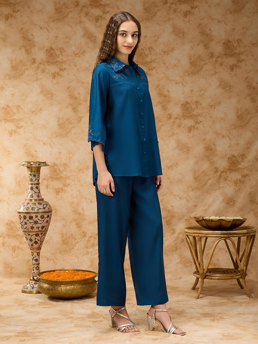 Blue Tonal Embroidery and Lace Inserts Shirt Collar Co-ord Set