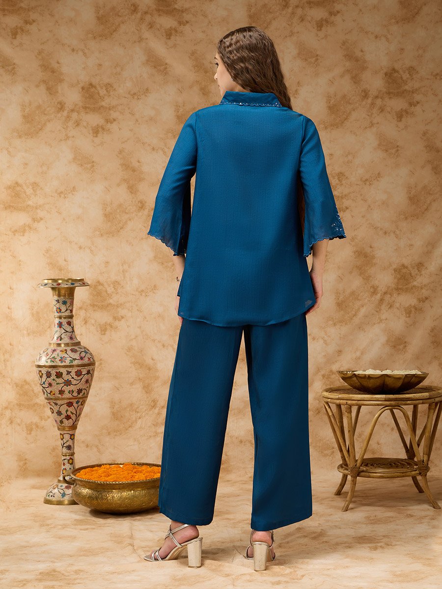 Blue Tonal Embroidery and Lace Inserts Shirt Collar Co-ord Set