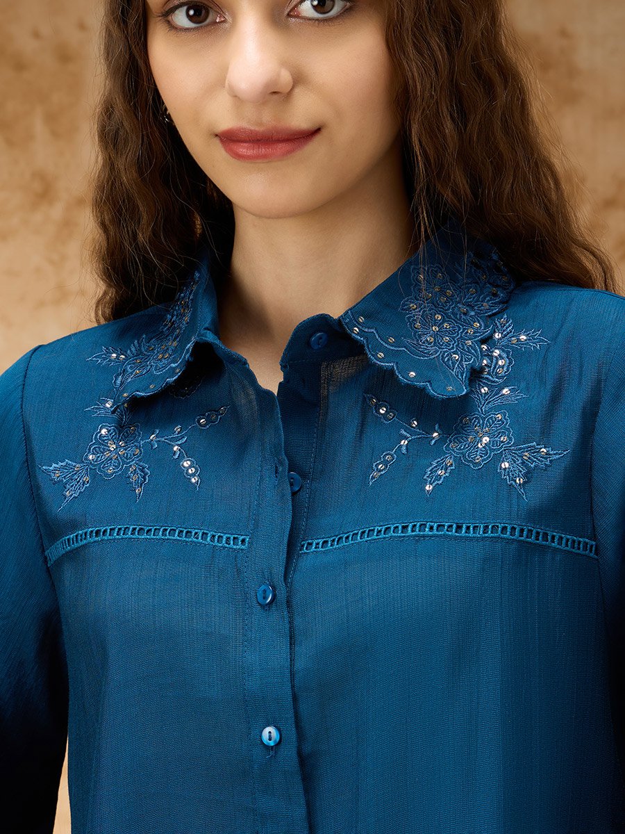 Blue Tonal Embroidery and Lace Inserts Shirt Collar Co-ord Set