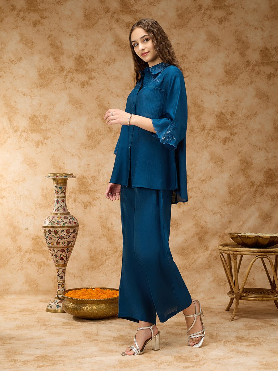 Blue Tonal Embroidery and Lace Inserts Shirt Collar Co-ord Set