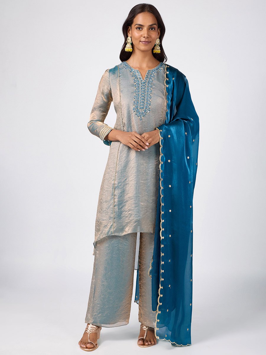 Blue Mirror Yoke Asymmetric Kurta Pants and Dupatta Set