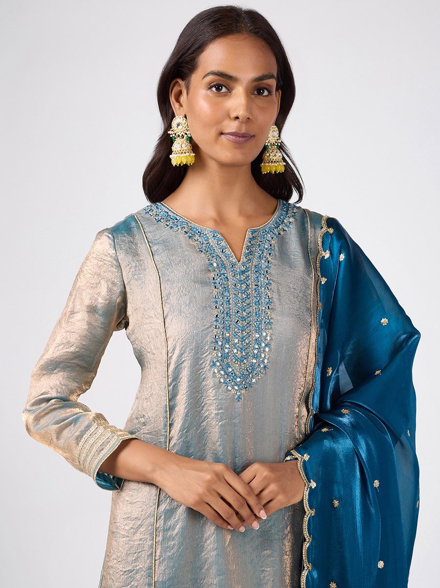 Blue Mirror Yoke Asymmetric Kurta Pants and Dupatta Set