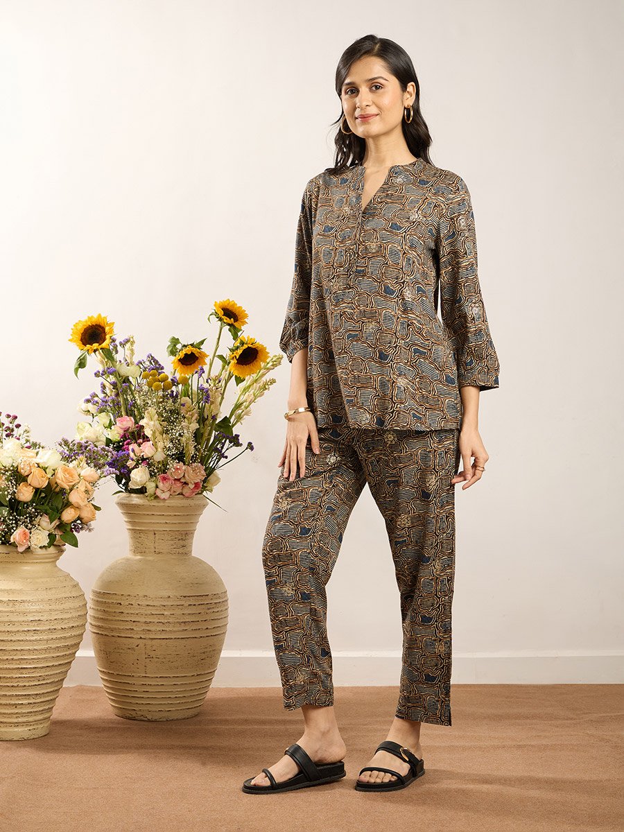 Blue Printed Y-Placket Co-ord Set