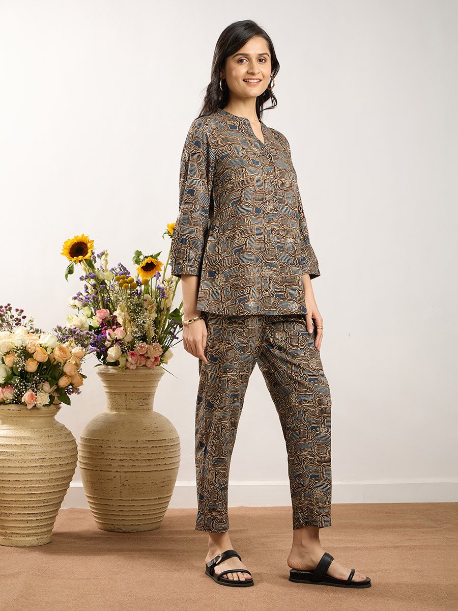 Blue Printed Y-Placket Co-ord Set