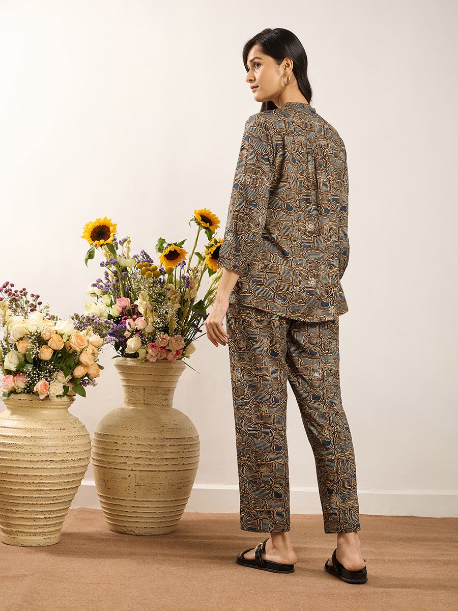 Blue Printed Y-Placket Co-ord Set