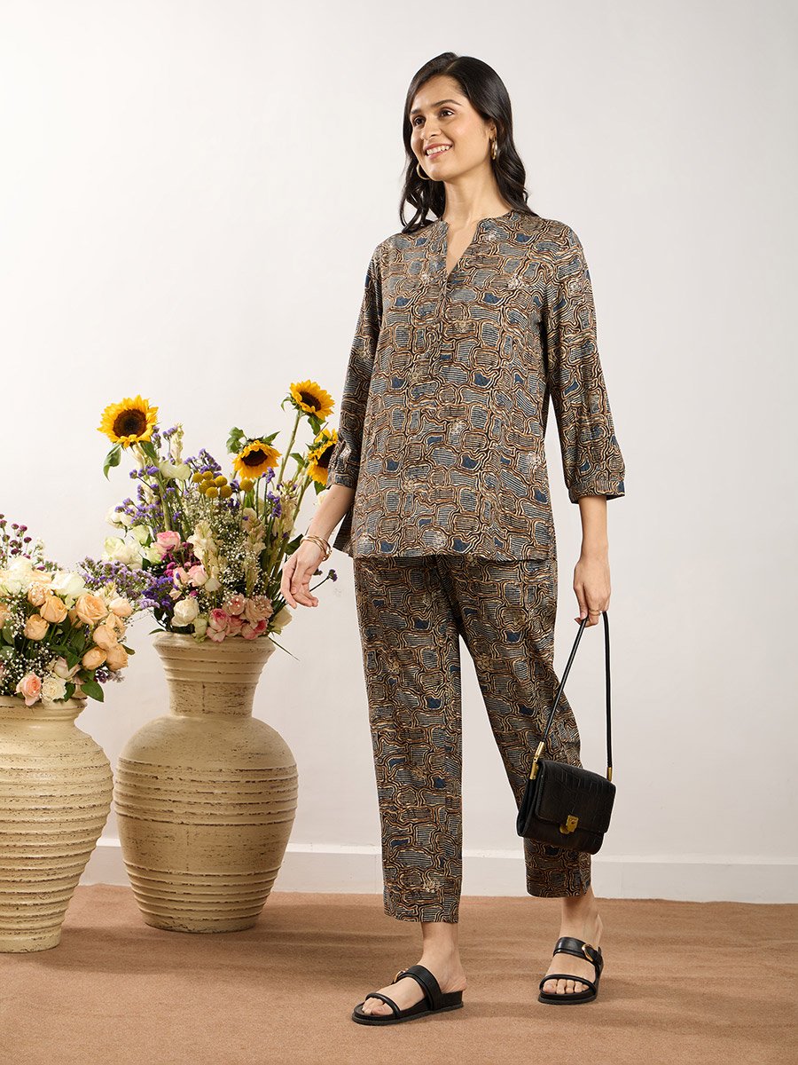 Blue Printed Y-Placket Co-ord Set