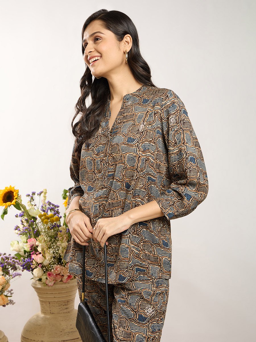 Blue Printed Y-Placket Co-ord Set