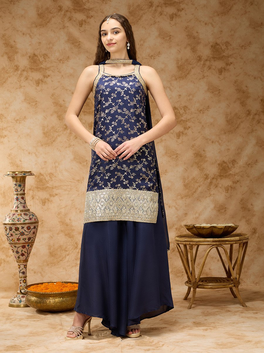 Navy Blue Sleeveless Brocade Kurta, Kali Pants and Dupatta Set