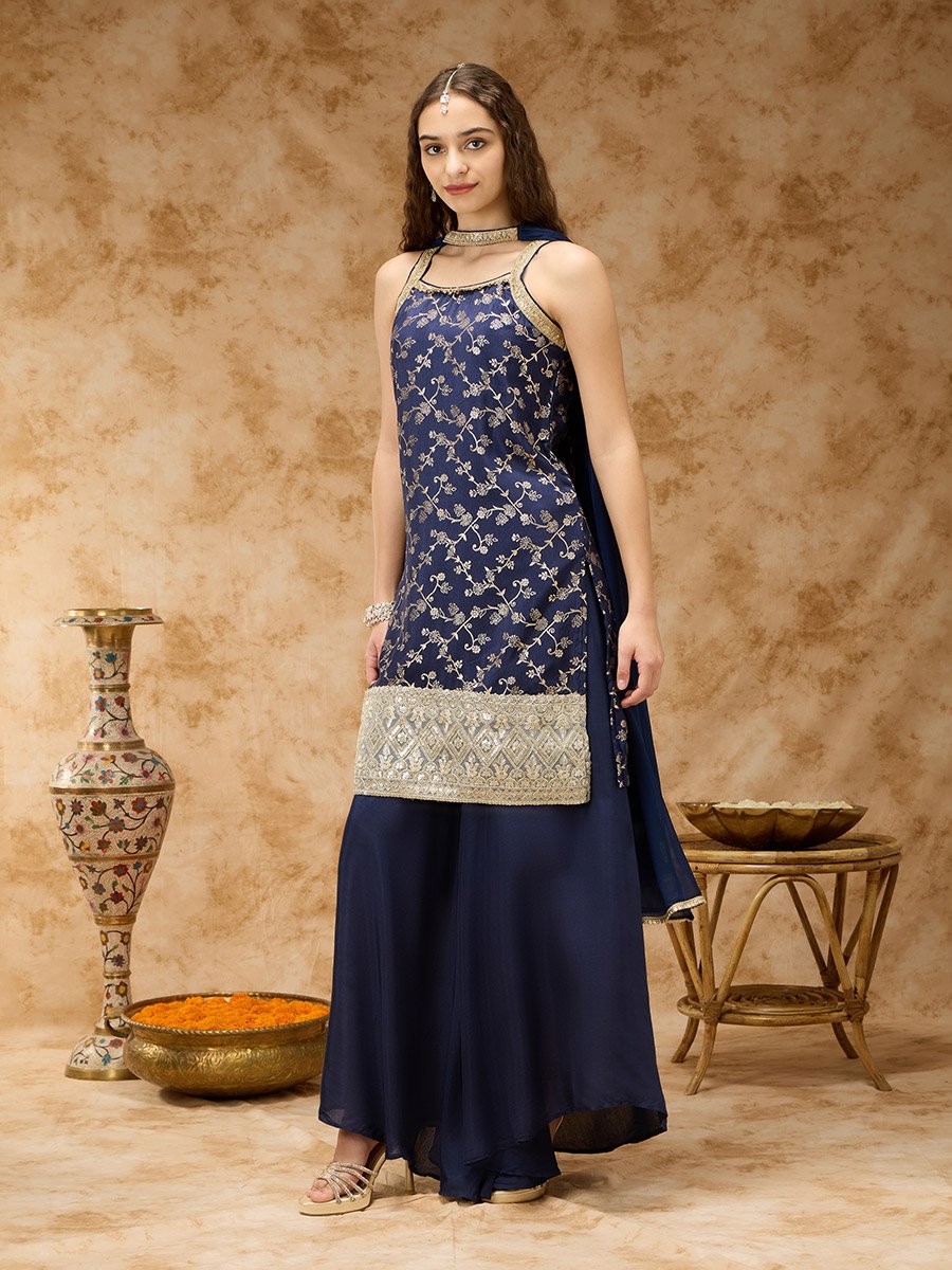 Navy Blue Sleeveless Brocade Kurta, Kali Pants and Dupatta Set