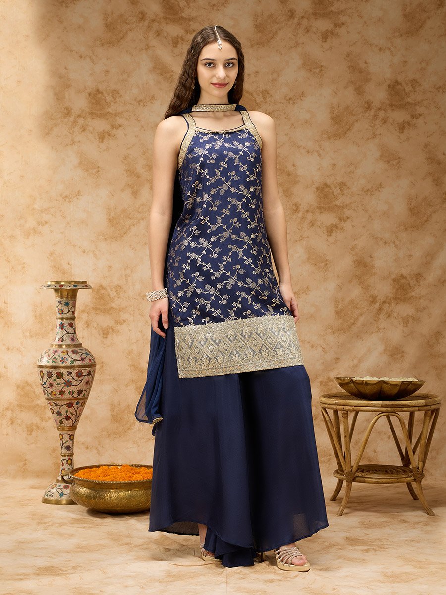 Navy Blue Sleeveless Brocade Kurta, Kali Pants and Dupatta Set