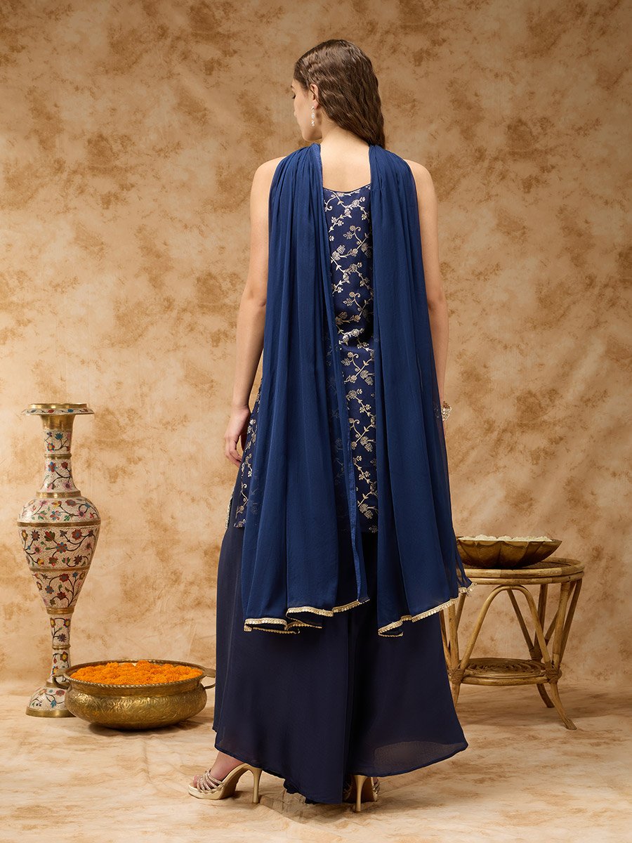 Navy Blue Sleeveless Brocade Kurta, Kali Pants and Dupatta Set