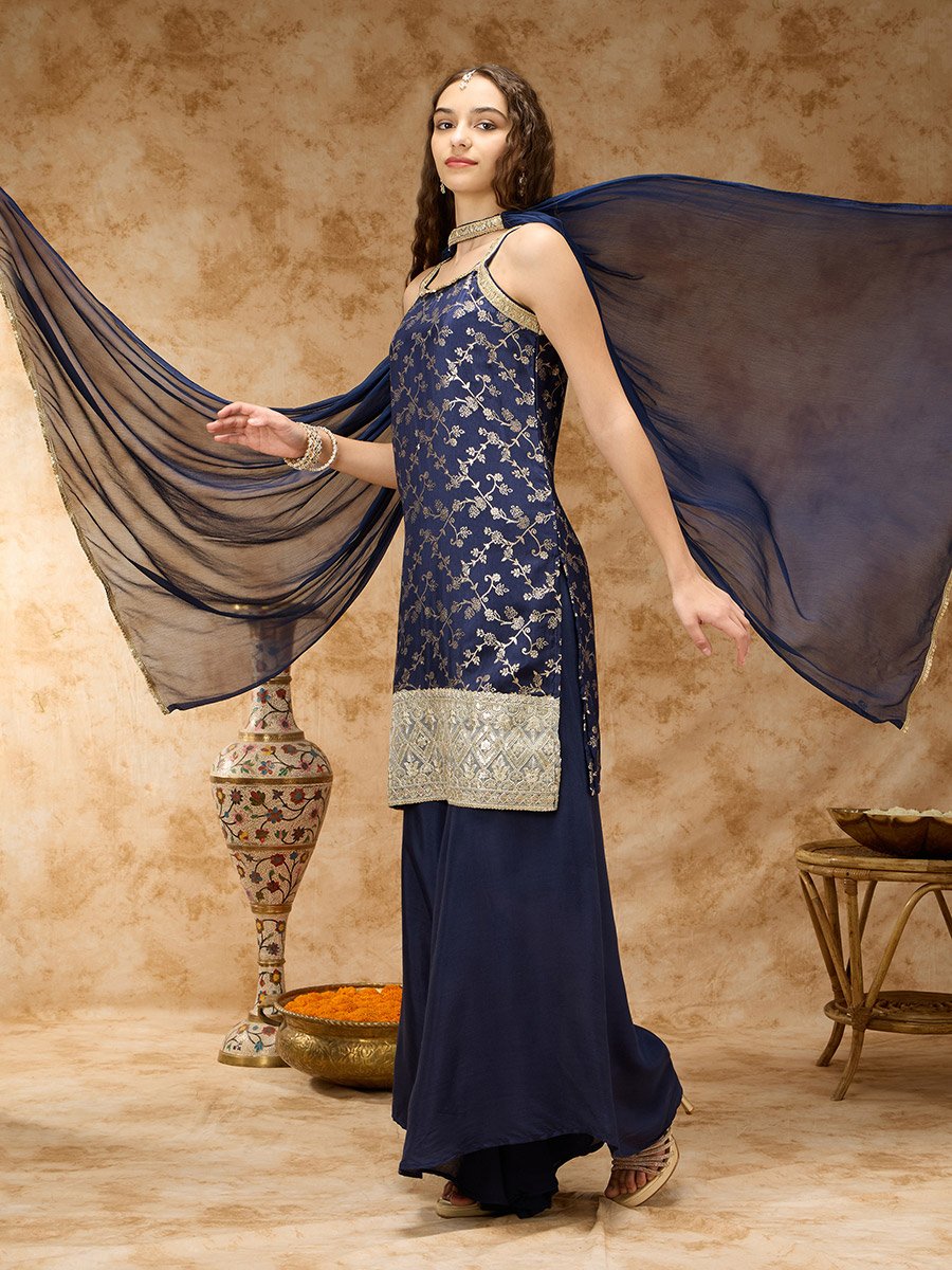 Navy Blue Sleeveless Brocade Kurta, Kali Pants and Dupatta Set