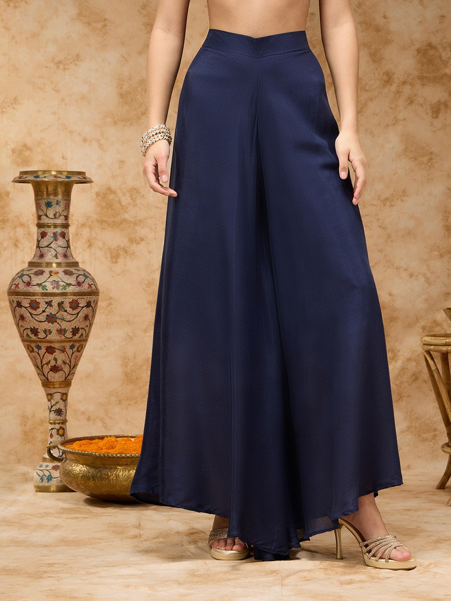 Navy Blue Sleeveless Brocade Kurta, Kali Pants and Dupatta Set