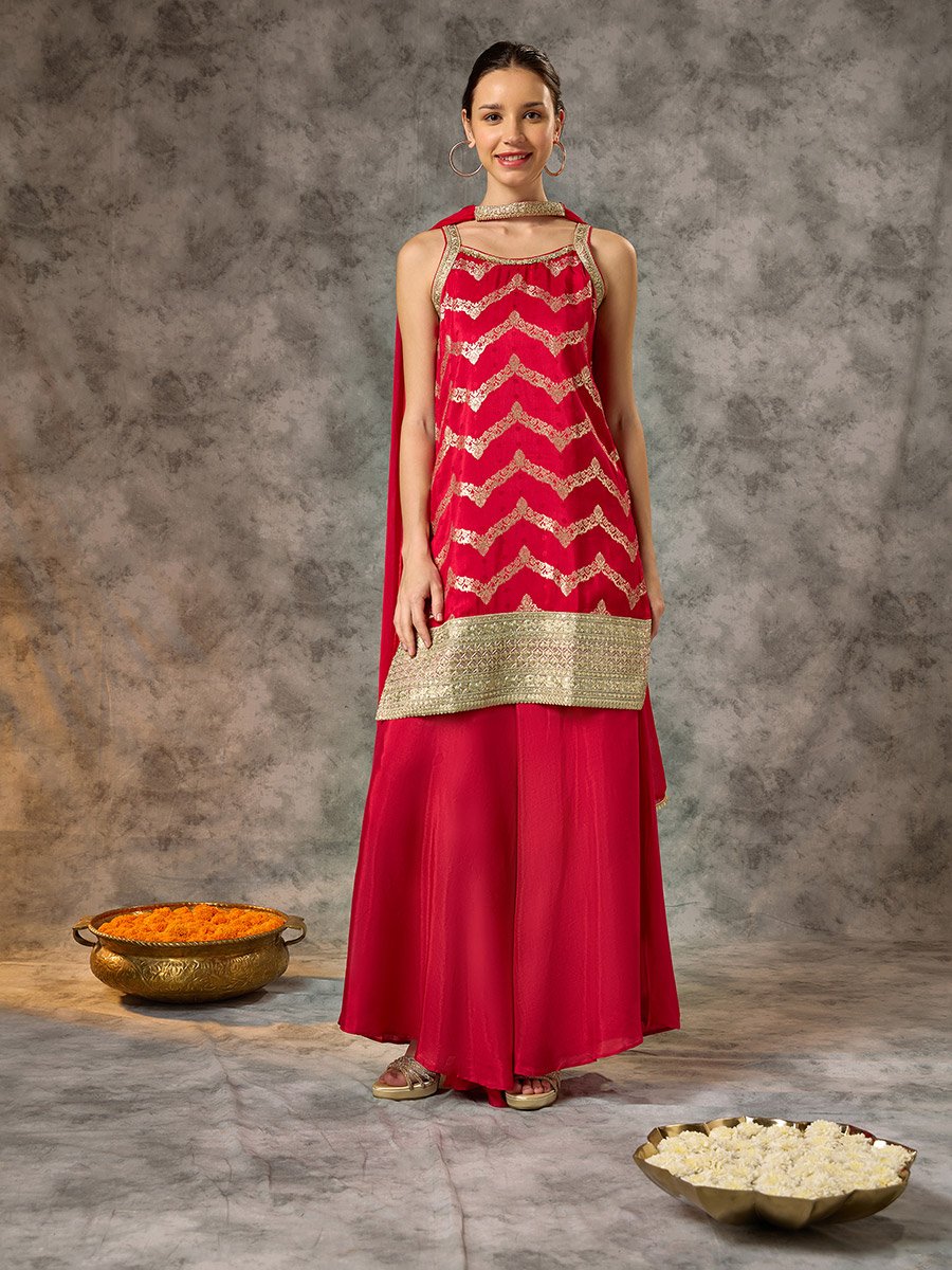 Red Sleeveless Brocade Kurta, Kali Pants and Dupatta Set