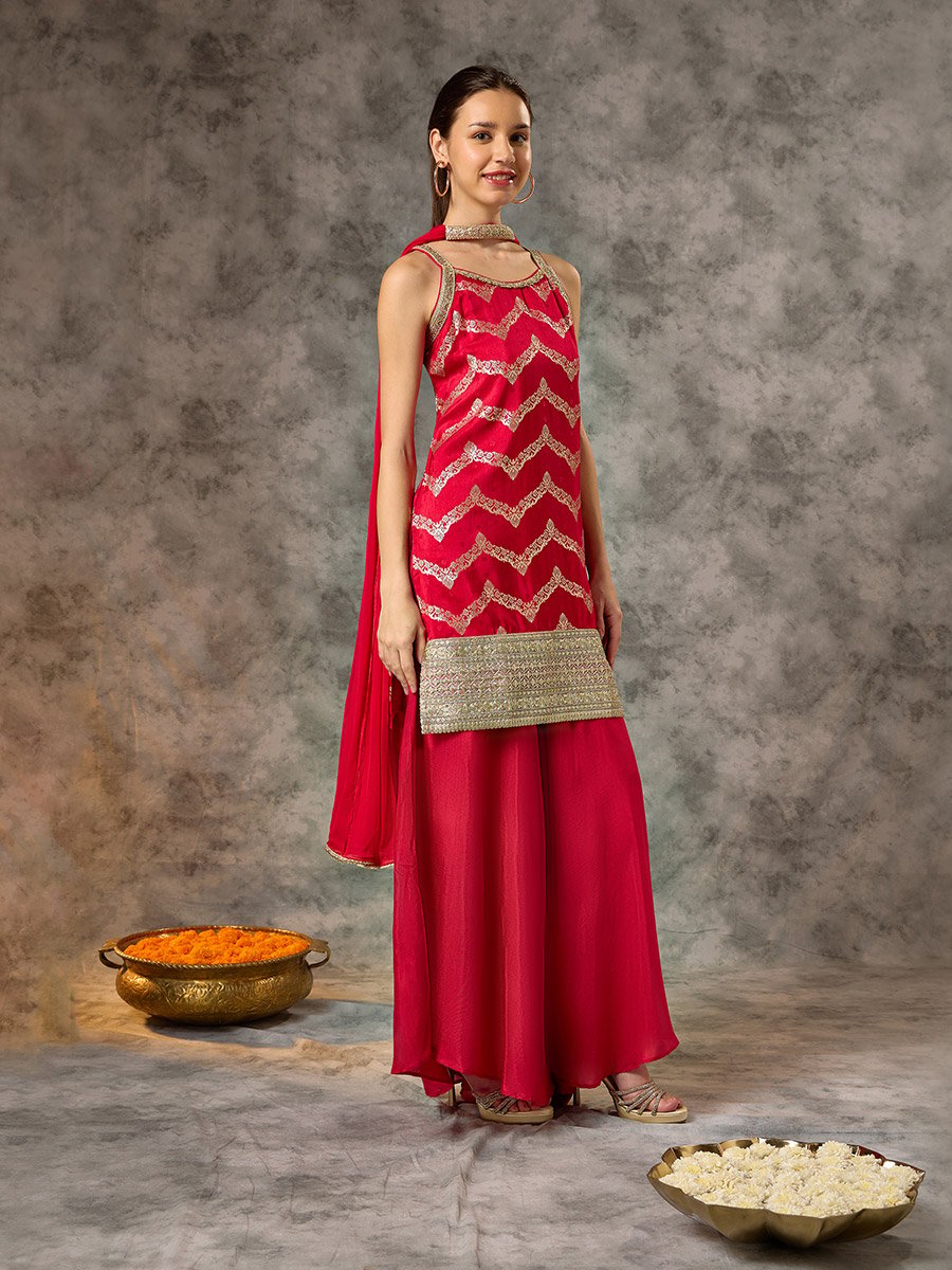 Red Sleeveless Brocade Kurta, Kali Pants and Dupatta Set