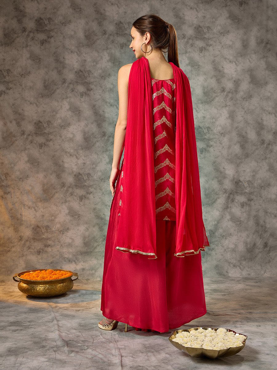 Red Sleeveless Brocade Kurta, Kali Pants and Dupatta Set