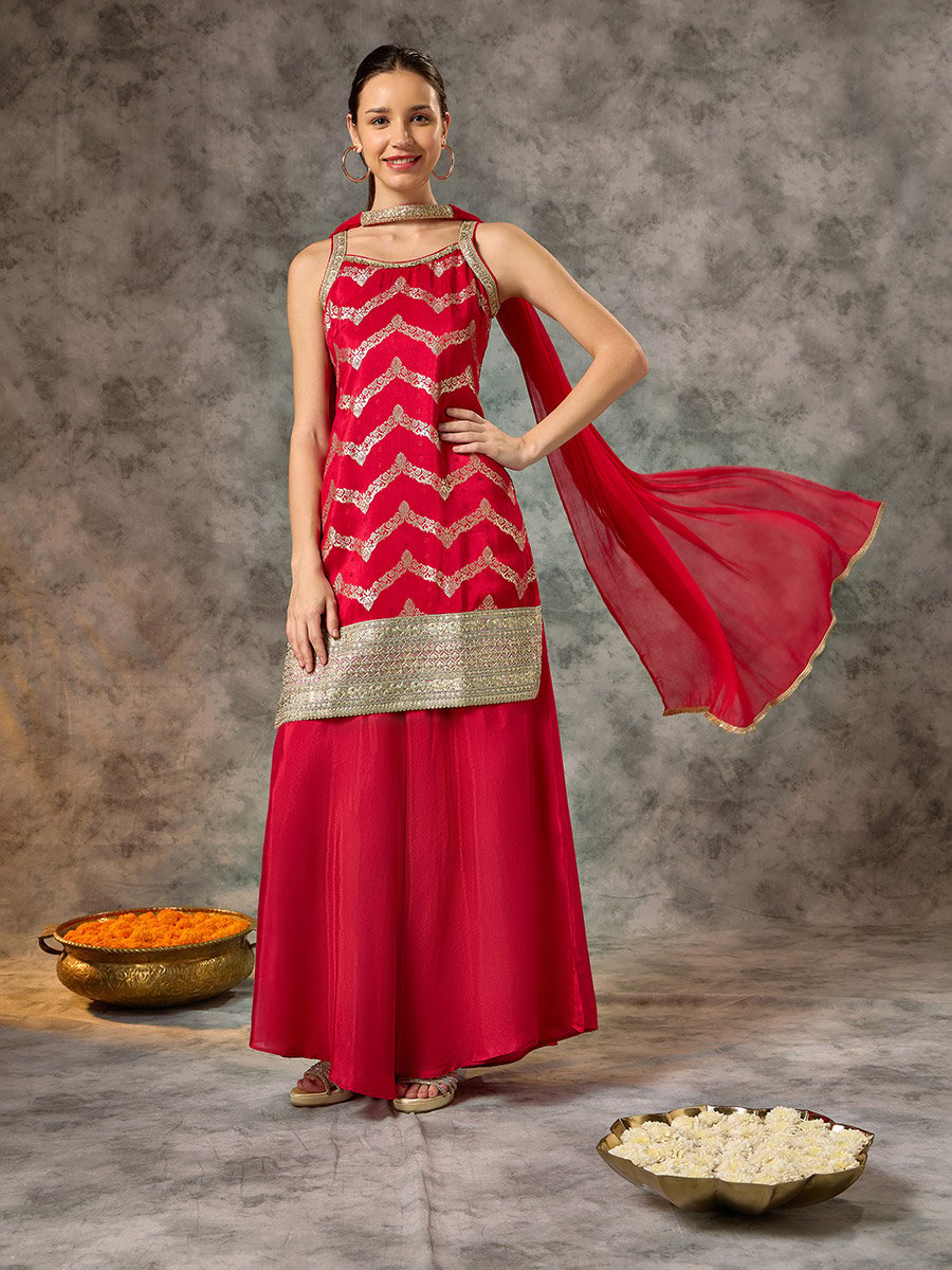 Red Sleeveless Brocade Kurta, Kali Pants and Dupatta Set