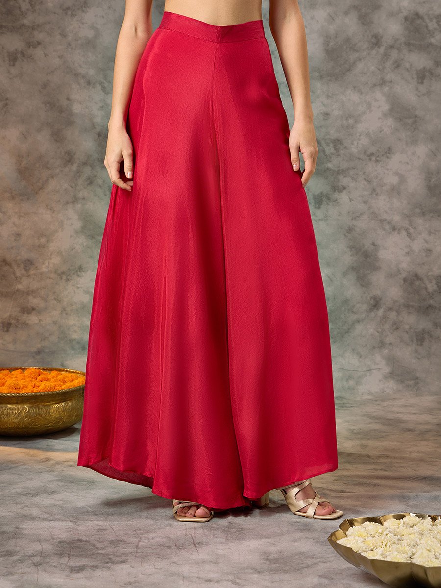Red Sleeveless Brocade Kurta, Kali Pants and Dupatta Set