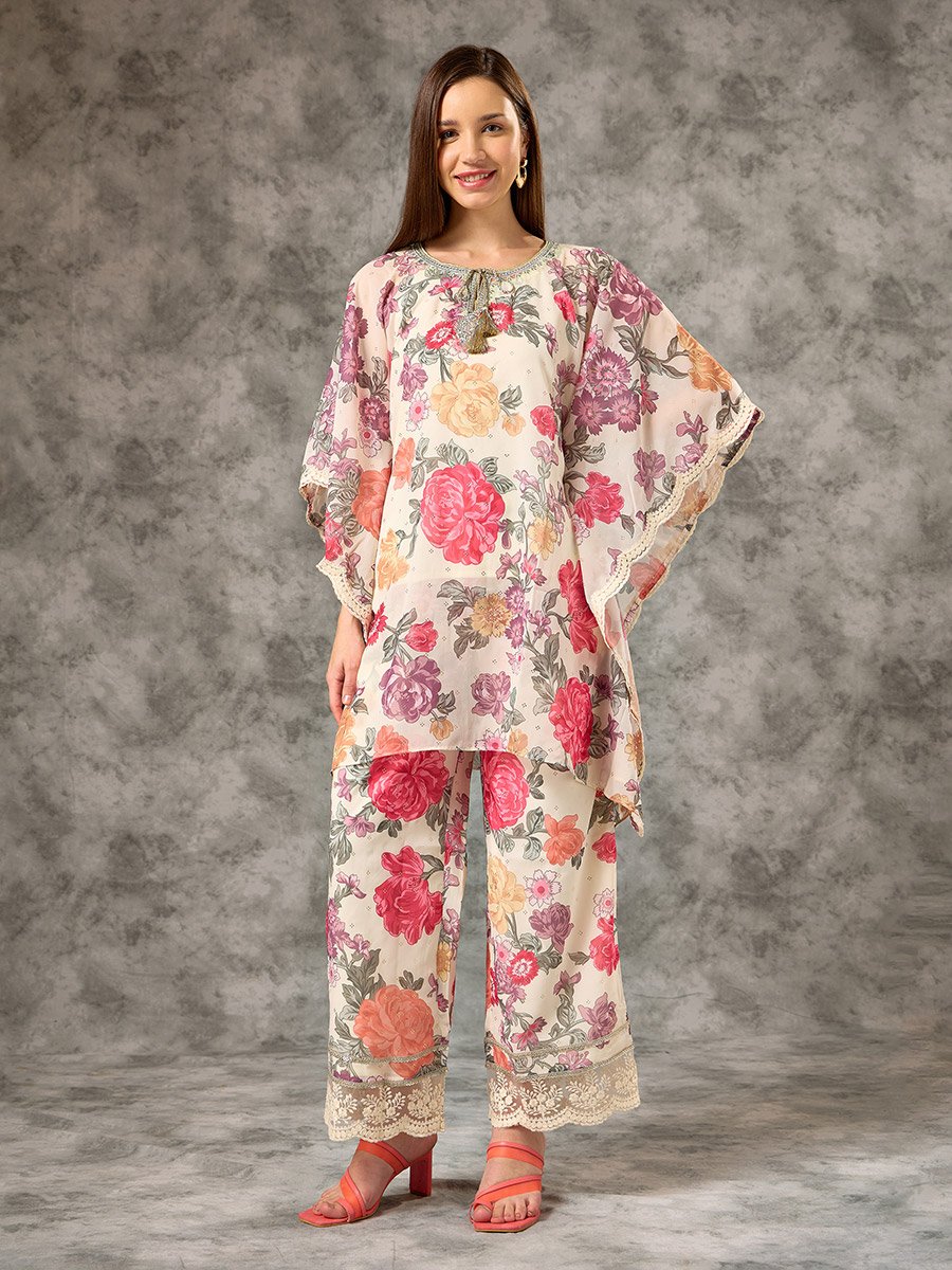 Off White Printed  Zari Embroidered Detail Kaftan Co-ord Set