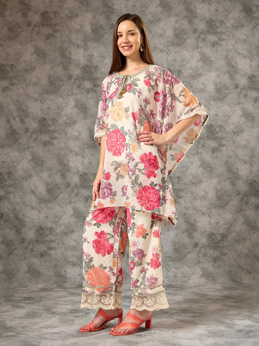 Off White Printed  Zari Embroidered Detail Kaftan Co-ord Set