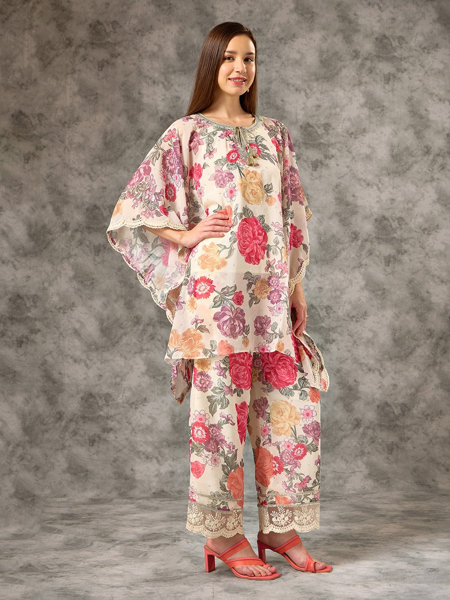 Off White Printed  Zari Embroidered Detail Kaftan Co-ord Set