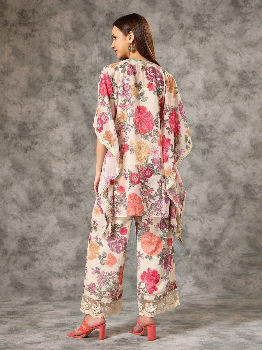 Off White Printed  Zari Embroidered Detail Kaftan Co-ord Set